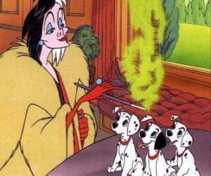 Puzle A malvada Cruella De Vil com três cachorros dalmatas