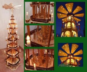 Puzle A pirâmide de Natal é uma tradição na Alemanha e na República Checa. Um carrossel pequeno de madeira com hélice girando devido ao calor das velas, decorado com temas de Natal