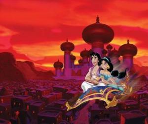 Puzle Aladdin e Princesa Jasmin sobre o tapete voador