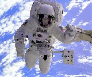 Puzle Astronauta durante uma missão espacial usando uma mochila propulsora
