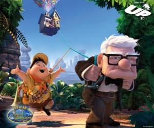 Puzle Carl e  Russell carregando a pé com a casa voante na sua viagem para os territórios selvagens