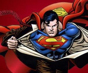 Puzle Clark Kent se tornando Superman com seu uniforme azul e vermelho para lutar pela justiça