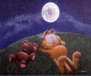 Puzle Garfield descansando sob o luar com seu grande amigo um urso de pelúcia Pooky