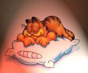 Puzle Garfield dormindo sobre um travesseiro