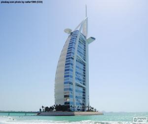 Puzle Hotel Burj Al Arab, hotel de luxo, um edifício de 321 metros em uma ilha artificial, em Dubai, Emirados Árabes Unidos