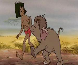 Puzle Mowgli com um pequeno elefante 