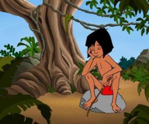 Puzle Mowgli sessão, em uma pedra pensando