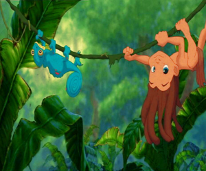 Puzle O menino Tarzan brincar com uma liana ou cipó na selva