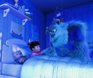 Puzle O monstro Sulley Boo visitando sua amiga no seu quarto de sua casa, no mundo humano