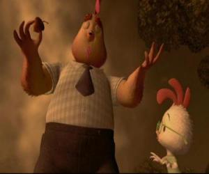 Puzle O Pai de Chicken Little, Buck Cluck, mostrando a bolota que caiu do céu
