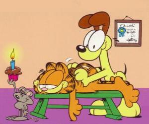 Puzle Odie faz uma massagem as Garfield, quando um rato com uma vela acende-los