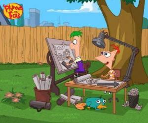 Puzle Os irmãos Phineas e Ferb projetar uma de suas invenções maravilhosas com seu animal de estimação debaixo da mesa Perry