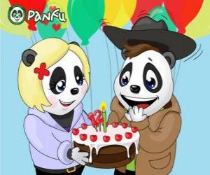 Puzle Penny leva um bolo para comemorar seu aniversário de Max