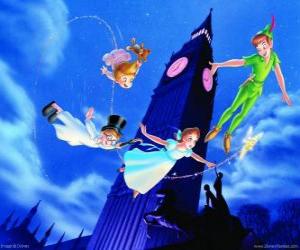 Puzle Peter Pan, Wendy, John e Michael voando através do céu de Londres