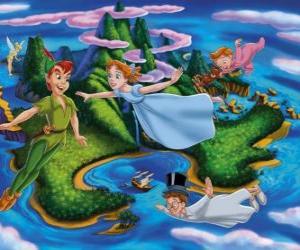 Puzle Peter Pan, Wendy, John e Michael voando através do céu de Terra do Nunca