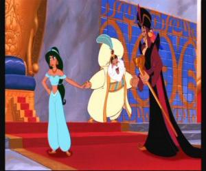 Puzle Princesa Jasmin com o seu pai, o Sultão, e Jafar, na sala do trono