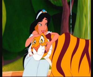Puzle Princesa Jasmine com seu animal de estimação, o tigre Rajah, nos jardins do palácio