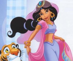 Puzle Princesa Jasmine com seu animal de estimação, o tigre Rajah