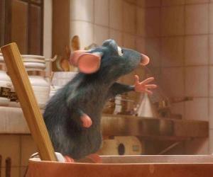 Puzle Rémy gozando na preparação de um prato na cozinha do restaurante