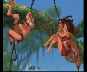 Puzle Tarzan, Jane e Porter seu pai pendurado as vinhas que ficaram depois decidir viver na selva