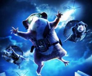 Puzle Três membros da equipe G-Force: Agentes Juarez, Blaster e Darwin puxando em pára-quedas