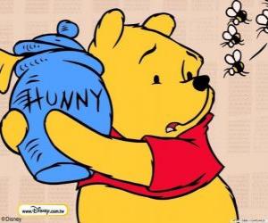 Puzle Winnie the Pooh com um pote de mel de abelhas para além de um