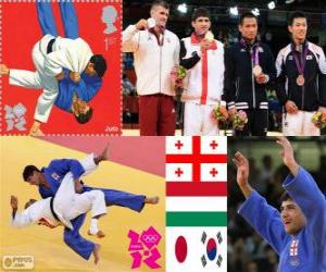 Puzle -Pódio Judo 66 kg masculino, Lasha Shavdatuasvili (Georgia), Miklos Ungvari (Hungria) e Masashi Ebinuma (Japão), Cho Jun-Ho (Coréia do Sul) - Londres 2012-
