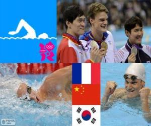Puzle 200M freestyle pódio natação Masculino, Yannick Agnel (França), Sun Yang (China) e Park Tae-Hwan (Coreia sul) - Londres 2012-
