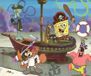 Puzle Bob Esponja e alguns de seus amigos jogar em piratas sendo