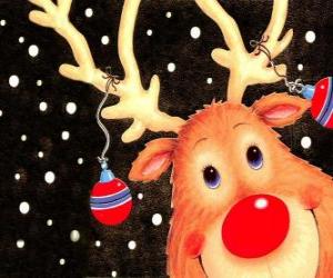 Puzle A cabeça de Rodolfo, a rena do nariz vermelho, decorado com enfeites de Natal