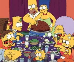Puzle A família Simpson no dia de Ação de Graças, onde as famílias se reúnem para comer