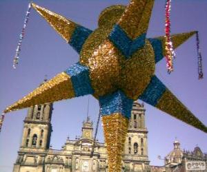 Puzle A pinhata tradicional no México no Natal, uma estrela de nove pontas, a estrela de Belém