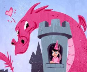 Puzle A princesa em seu castelo vigiado por um grande dragão