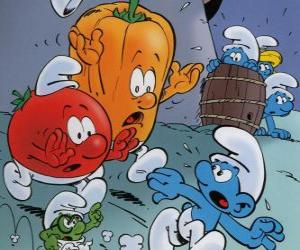 Puzle A Smurf é perseguido por um tomate e pimenta
