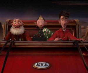 Puzle Arthur Christmas, Grand-Santa e Bryony sobre o velho trenó pronto para distribuir o último presente