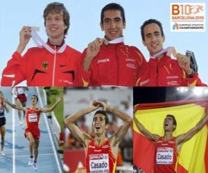 Puzle Arturo Casado campeão 1500 m, Carsten Schlangen e Manuel Olmedo (2 e 3) do Campeonato Europeu de Atletismo de Barcelona 2010