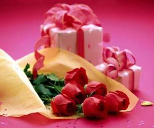 Puzle As rosas vermelhas e um presente para o Valentine's Day