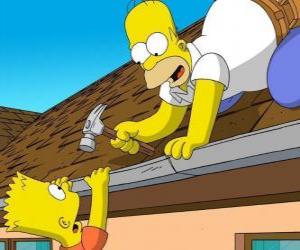 Puzle Bart é pendurada do telhado, quando ele ajudou o seu pai Homer reparação