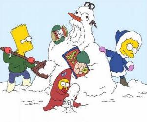Puzle Bart, Lisa e Maggie fazer um boneco de neve