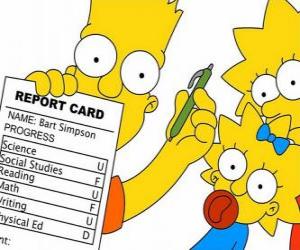 Puzle Bart Simpson com as notas da escola perante o olhar atento de suas irmãs