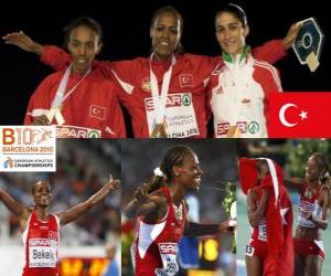 Puzle Bekele m Alemitu campeão em 5000, e Sarah Elvan Abeylegesse Moreira (2 e 3) do Campeonato Europeu de Atletismo de Barcelona 2010