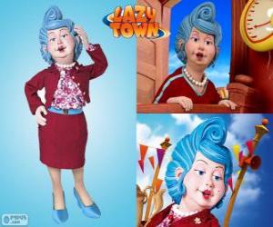 Puzle Bessie Busybody de LazyTown falando no seu celular, telefone móvel