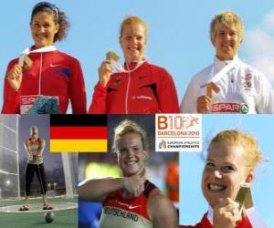 Puzle Betty Heidler campeão no martelo, Tatiana Lysenko e Anita Wlodarczyk (2 e 3) do Campeonato Europeu de Atletismo de Barcelona 2010