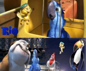 Puzle Blu junto com outros personagens no filme Rio