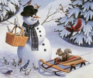 Puzle Boneco de neve com um esquilo e aves diversas em torno de