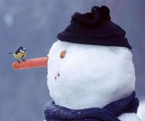 Puzle Boneco de neve com um pássaro em seu nariz