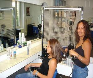 Puzle Cabeleireira penteando e secando o cabelo de uma cliente no salão de beleza