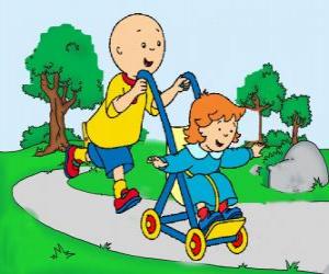 Puzle Caillou dando um passeio com a irmã no carrinho