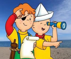 Puzle Caillou e Leo jogando a os piratas e procurando o tesouro com o mapa