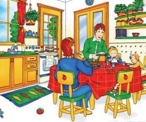 Puzle Caillou e sua família comer na cozinha